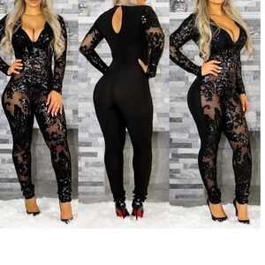 Black Sequin Mesh Jumpsuit Size XxL